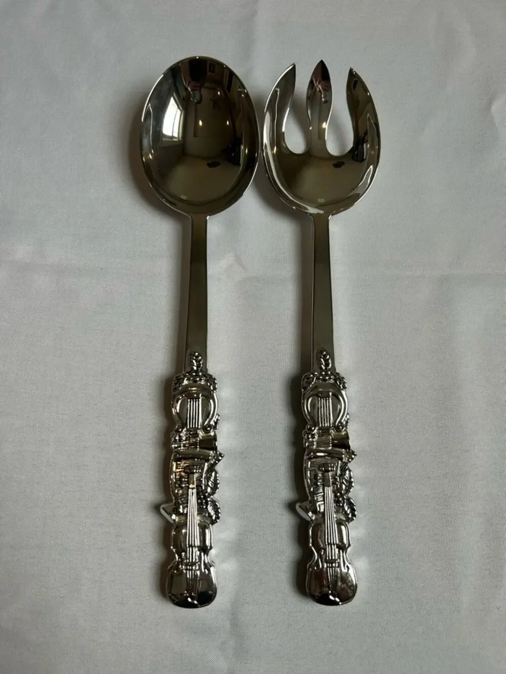 Godinger Silver Plate Salad Spoon & Fork Holiday Violin & Harp